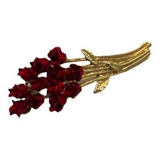 Gold Tone Dozen Red Roses Bouquet Brooch Pin Valentine Love M Sign Detailed