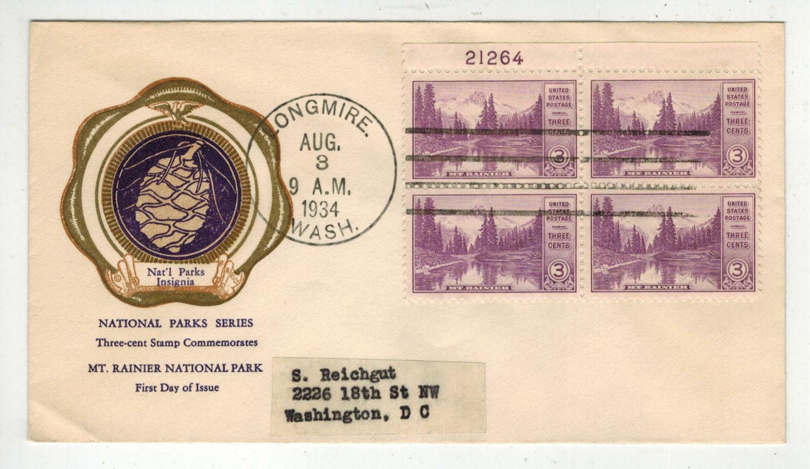 1934 MOUNT RAINIER NATIONAL PARK 742 Rice PLATE BLOCK Factory outlet Longmi FDC Courier shipping free