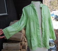 Chico's Size 2 Linen Crochet Open Front Cardigan Blazer Light Green Spring