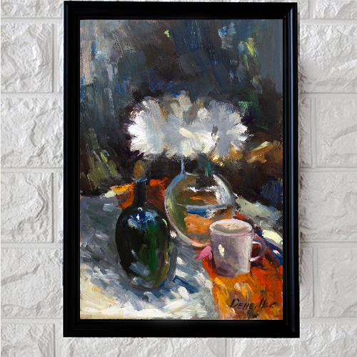 Demenko Natalia weiße Blumen in einer Glasvase stilvolle Kunst Ölgemälde 8x8" - Bild 10 von 12