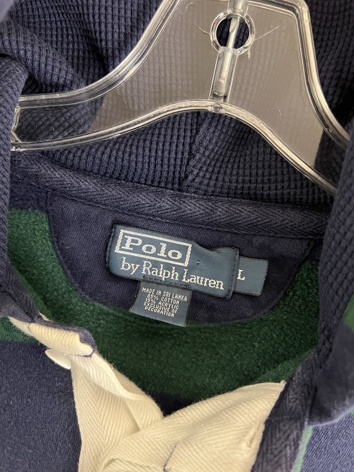 Felpa con cappuccio vintage Polo Ralph Lauren Rugby verde blu a righe pony uomo L