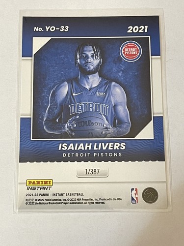 ISAIAH LIVERS RC - 2021 Panini Instantáneo AÑO UNO NBA - 1/387 Detroit Pistons SP - Imagen 3 de 3