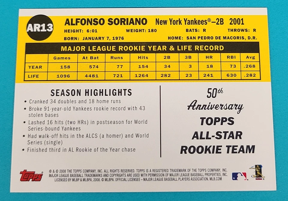 2008 Topps All-Rookie Team 50th Anniv #AR13 Alfonso Soriano Yankees Card E7 - Image 2 of 2