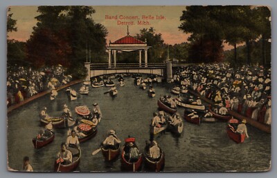 Postcard MI Band Concert Belle Isle Detroit Michigan Boats in River 1914  C7