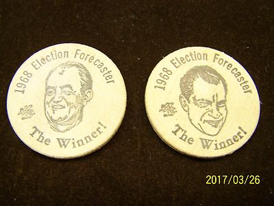 VINTAGE 1968 PRESIDENTIAL ELECTION FORECASTER - WOODEN NICKEL - NIXON - HUMPHREY