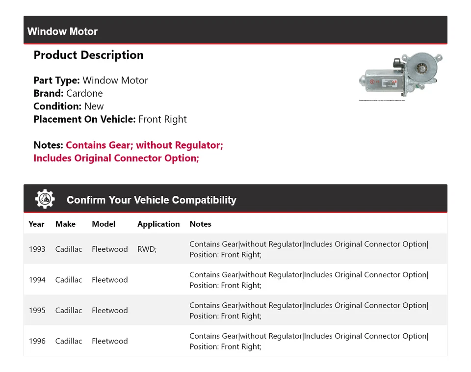 Para 1993-1996 Cadillac Fleetwood motor de janela dianteiro direito Cardone 1994 1995 - Imagem 2 de 4