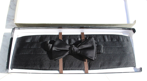 Robert Talbott Protocol Formal Black Silk Bow Tie & Cumberbun Set - Picture 2 of 15