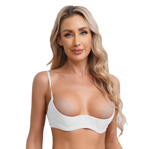 Women See Through Satin 1/4 Cups Balconette Push Up Padded Underwire Shelf Bra - Picture 81 of 93