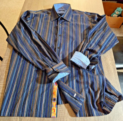 Visconti blue variations striped collared Flip Cuff button down shirt men's 2XL