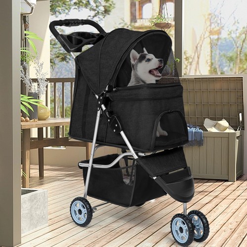 Pet Stroller Cat Dog Cage 3 Wheels Stroller Travel Folding Carrier w/ Cup Holder - Picture 2 of 28