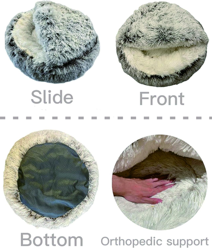 Cat Bed round Plush Fluffy Hooded Cat Bed Cave, Cozy for Indoor Cats or Small Do - Picture 5 of 7