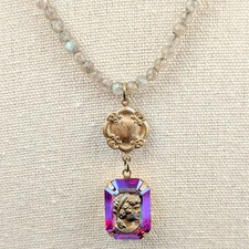 Vtg Swarovski Pink Crystal Intaglio Cameo Necklace Earrings Set Labradorite