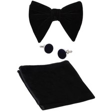 Black Velvet Bow Tie Pocket Square Cufflinks Set for Men, Mens Solid Color