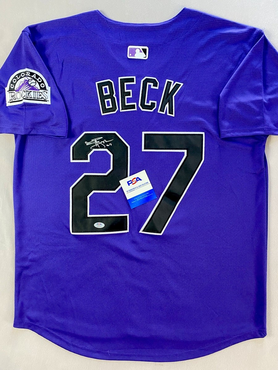 COLORADO ROCKIES- JORDAN BECK AUTOGRAPH #27 NIKE PURPLE JERSEY PSA