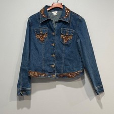 Cache Womens Blue Denim Jacket Sequin Lace Embellished Bronze Accents Size Large