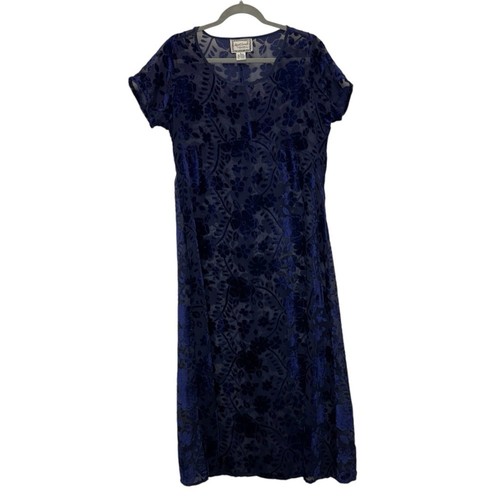 April Cornell Vintage 90s Navy Burnout Velvet Floral Sheer Maxi Dress Medium - Picture 3 of 10