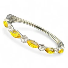 Beautiful Silver Tone And Yellow And Clear Rhinestone Hinged Bangle