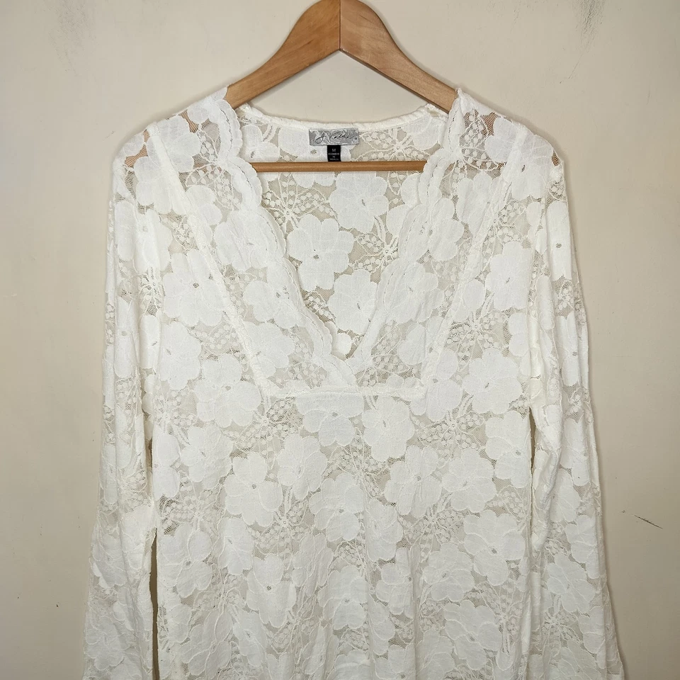 J Valdi 白色蕾丝海滩遮瑕礼服束腰外衣中号女式长袖 V 领 — 第 2/4 张图片