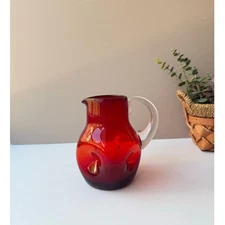 Vintage Ruby Red Hand Blown Glass Dimpled Pinched Pitcher | Art Glass