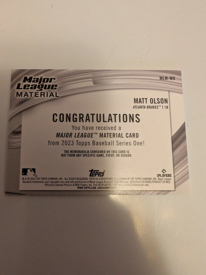2023 Topps Series 1 - Major League Material Matt Olson #MLM-MO (MEM) - Image 4 of 4
