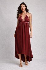 M Witchy Maroon Baby Doll Maxi Hi Low Renaissance Festival Hippie Tassel Dress