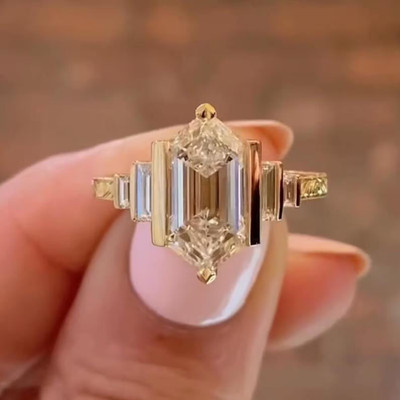 2CT Hexagon Cut Moissanite Engagement Ring, 14k Gold Half Bezel Set Wedding Ring