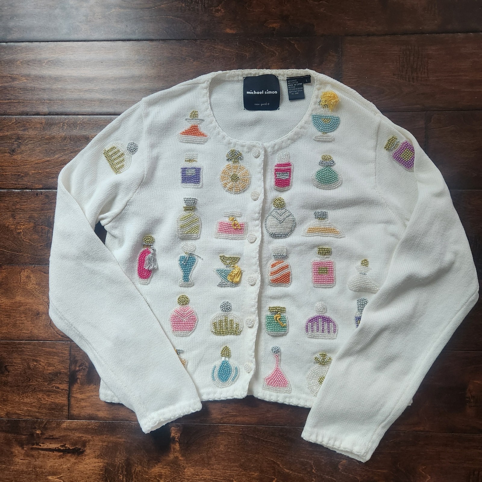 Vintage Michael Simon  Perfume Bottle Cardigan Women Large, Beaded