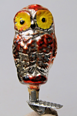 Vintage Glass Embossed Large EYE OWL Bird Clip On Christmas Ornament Germany