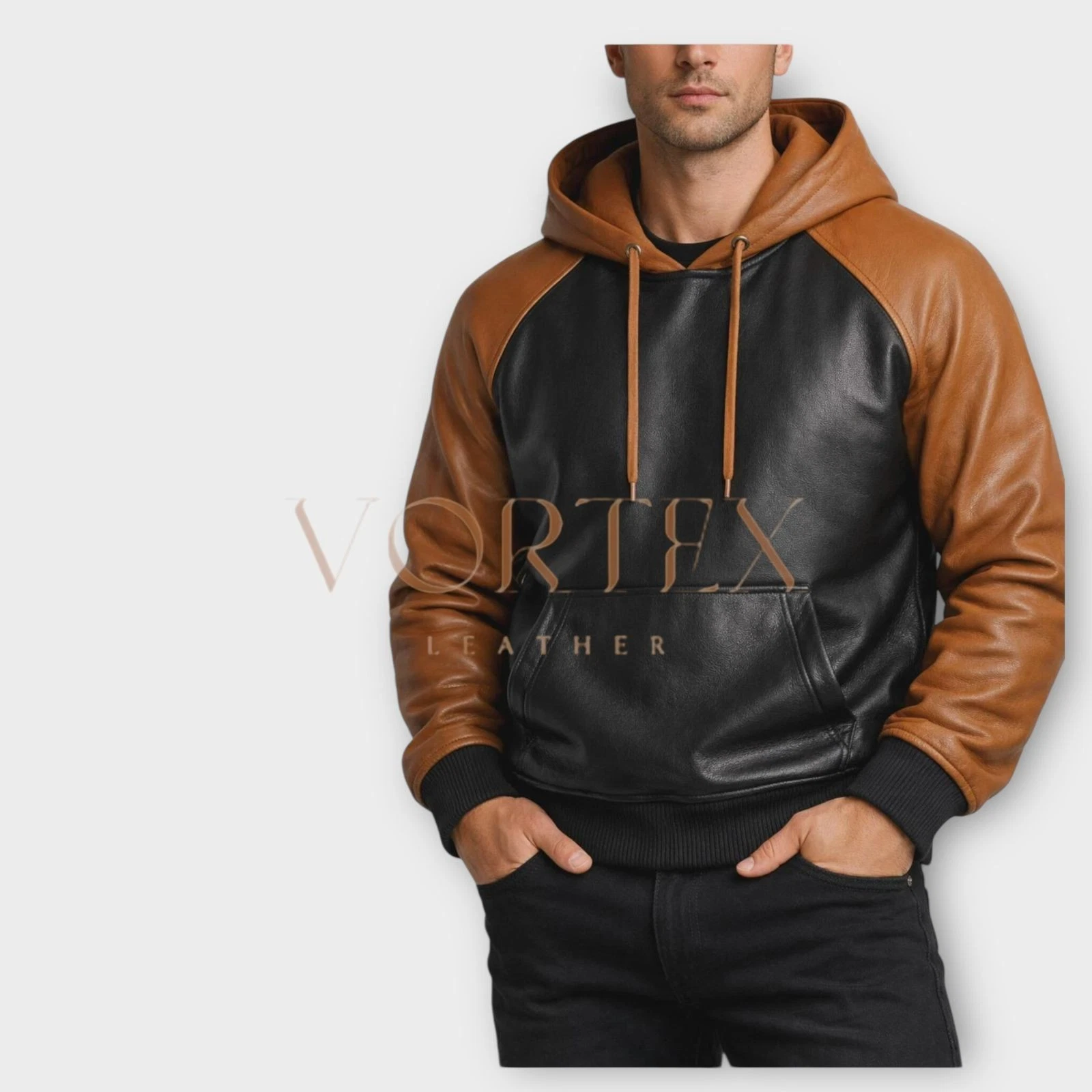 Men’s Black & Brown Sheep Leather Hoodie – Handmade Two-Tone Luxury Jacket