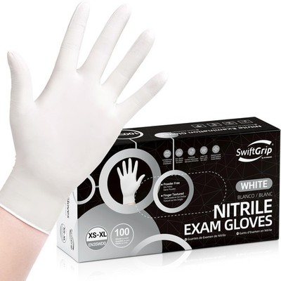 Disposable Nitrile Exam Gloves, 3-mil, Medium, Box of 100, White Nitrile Glov...