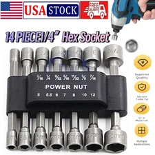 14pc/POWER NUT Driver Bit Set Dual 1/4 Quick Change SAE & Metric MM Detent Shank