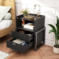 Fluted Nightstand with Strip Lights and Charging Station 24'' End Table with 