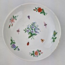 Antique Porcelain Dish Bow? Decorated Encrusted Flowers Painted Flowers, Insects
