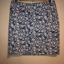TALBOTS BLUE/WHITE GEO PRINT STRETCH COTTON STRAIGHT SHORT SKIRT Sz 4P EUC