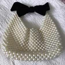 Pearl Handbag With Black Velvet Bow Trim