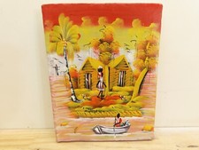 VINTAGE HAITI HOUSE AND WOMAN FISHERMAN BOAT JAMESON SIGNED 10X8 PAINTING