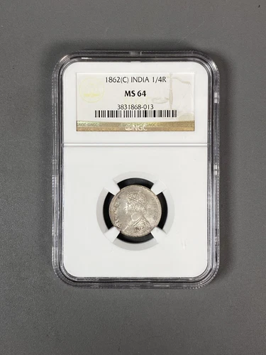 India (British) Victoria 1862-C 1/4 Silver Rupee AG398 Calcutta NGC MS64