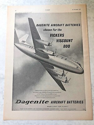 1957 Flugzeug Werbung DAGENIT BATTERIEN VICKERS VISCOUNT 800 LIGHT FLIGHT 24VOLT