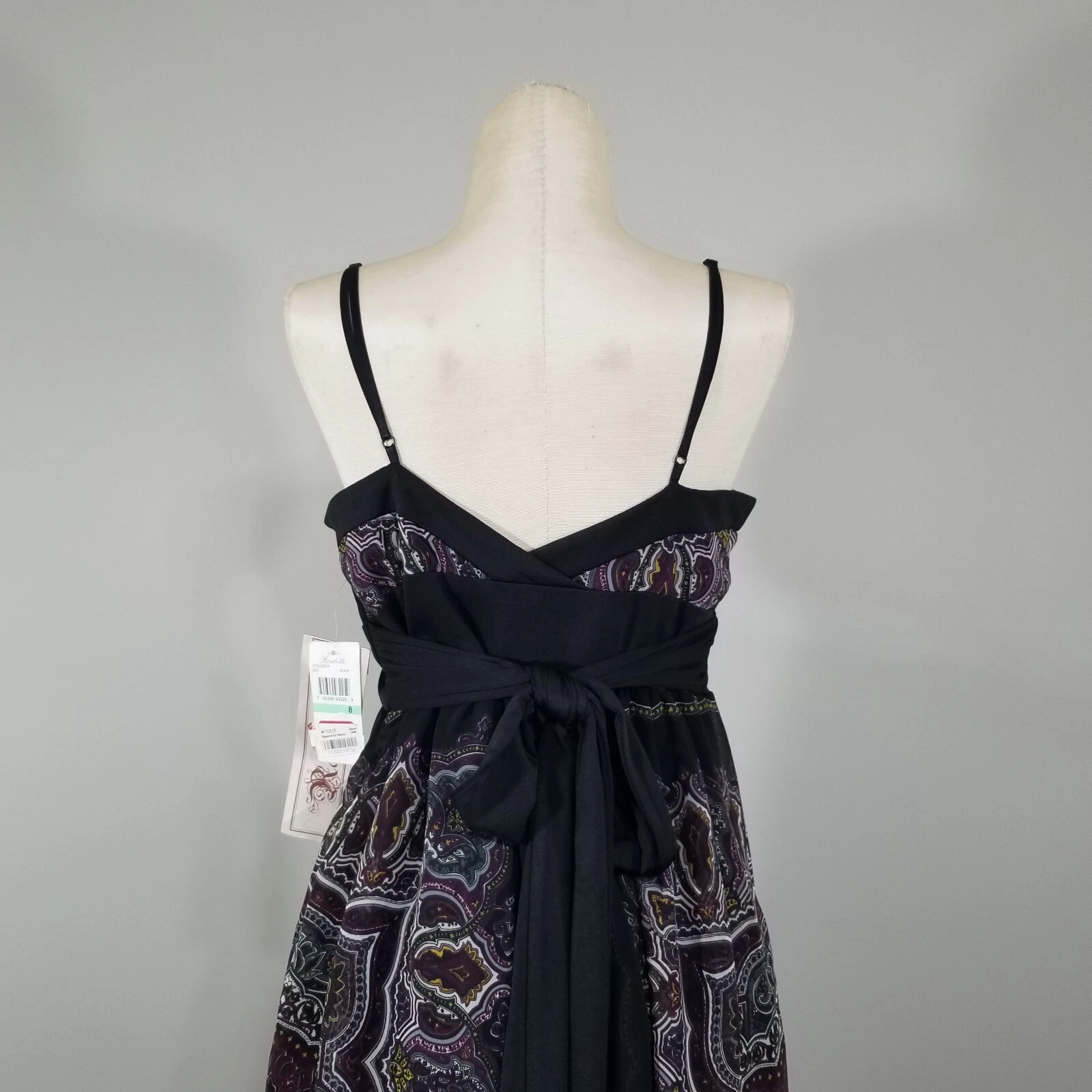 VALENTINO Abito da festa Roulette nero paisley chiffon 8 impero fiocco fascia spaghetti strap nuovo con etichette