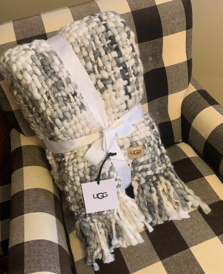 NWT UGG® "EMILIA" Fringed Throw Blanket 50"x70" Pebble & Sage 100% Soft Acrylic - Image 2 of 4