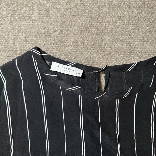 Equipment Femme Women’s Dress L Black Stripe 3/4 Sleeve Pockets 100% Silk - Picture 6 of 18