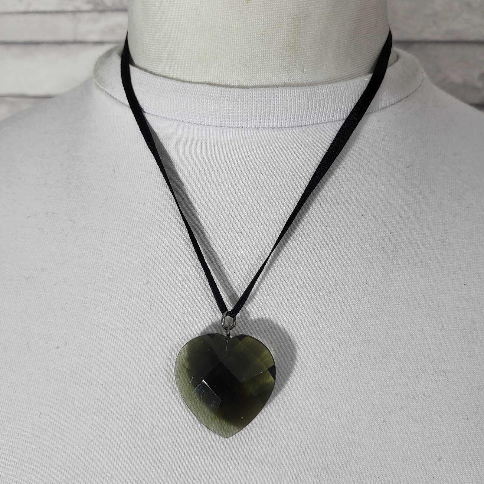 M&S Dark Green Glass Heart Pendant Necklace Black Ribbon Costume
