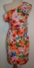 New Eliza J Dress Sz 6 One Shoulder Ruffle Sheath Lined Orange Pink Green