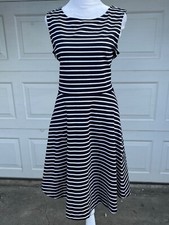 Women's Talbots Fit And Flare Stripe Sleeveless Dress Size M Navy/ white  NWOT