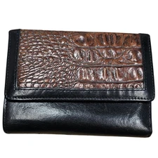 Brahmin Tri Fold Wallet Black Leather Brown Croc Embossed Accent Coin Snap Clasp