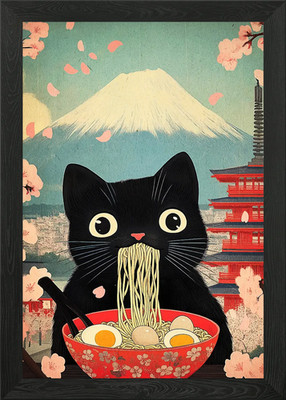 Black Cat Eating Ramen with Mount F Framed Wall Art Poster Canvas Print Picture