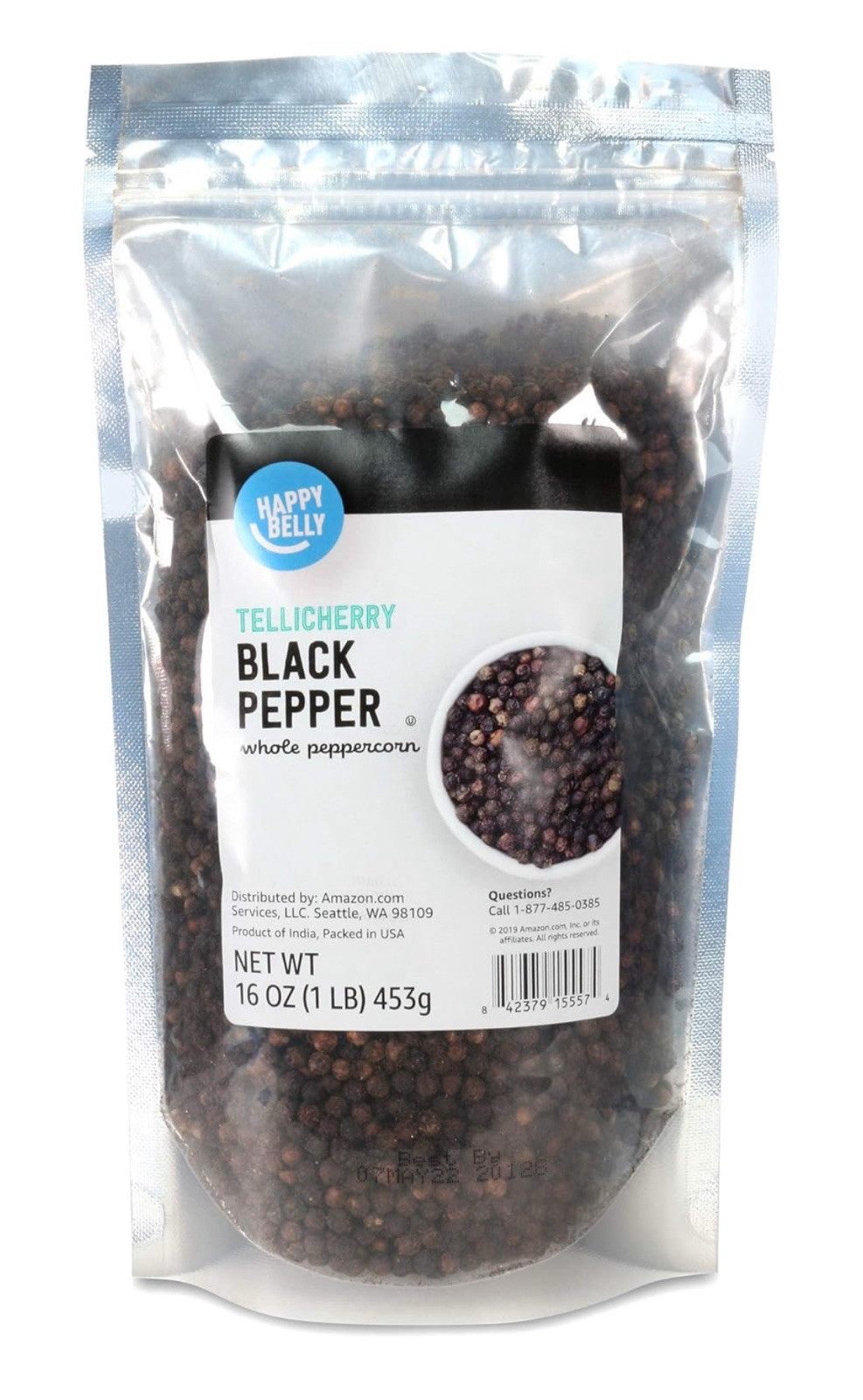 Amazon Brand - Happy Belly Tellicherry Black Pepper Whole Peppercorn, 16 Ounce