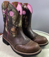 Ariat Womens Fatbaby Camouflage Leather Cowgirl Cowboy Western Pink&Brown Sz.9.5