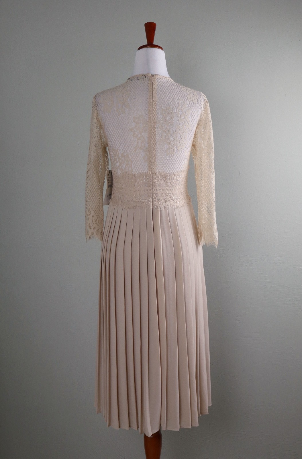 ZARA NWT $69 Beige Lace Gorgeous Sheer Trim Pleated Swing Dress Size XS thumbnail 4