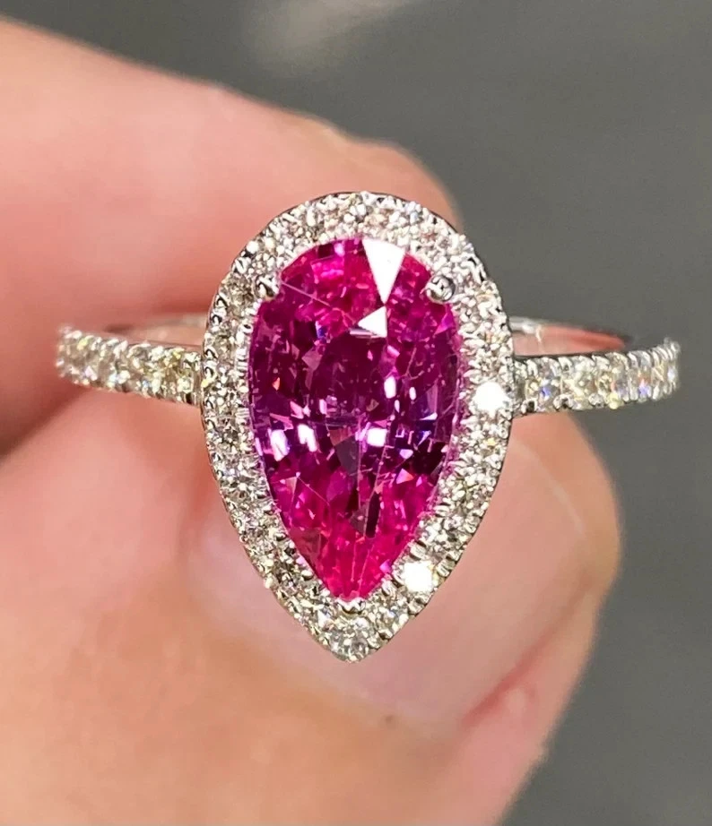 4Ct Pear Cut Natural Pink Sapphire  Diamond Wedding Ring 14K Solid White Gold 7 - Image 2 of 4